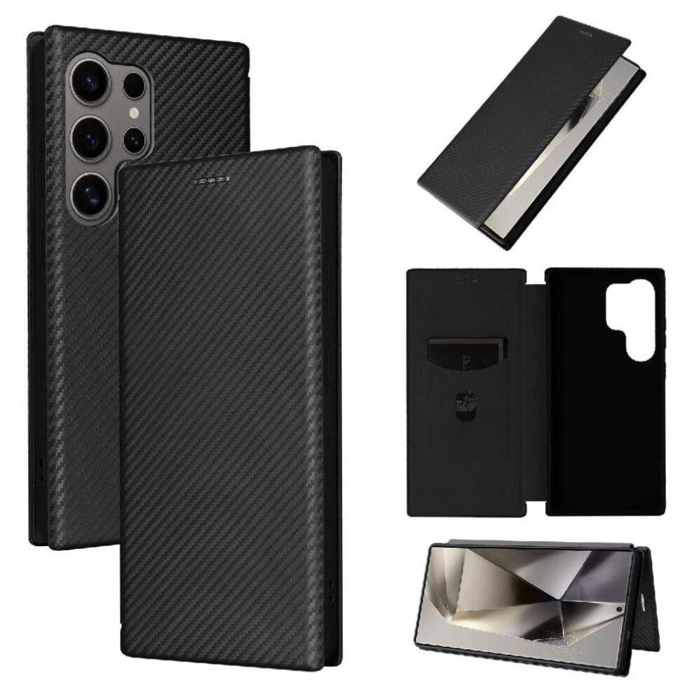 (Black) Flip Case For Samsung Galaxy S25 Ultra Full Protection Leather Folio Flip Case Magnetic Carbon Fiber With Card Holder Kickstand Card Insertion Black 764549317806