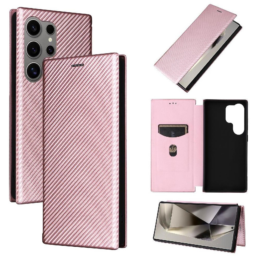 (Pink) Flip Case For Samsung Galaxy S25 Ultra Full Protection Leather Folio Flip Case Magnetic Carbon Fiber With Card Holder Kickstand Card Insertion Pink 764549317837