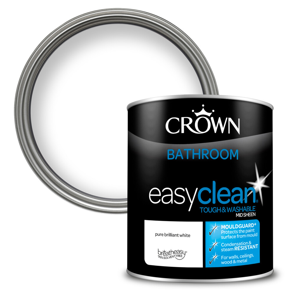 Crown Easyclean Brilliant White Mid sheen Emulsion paint, 1L