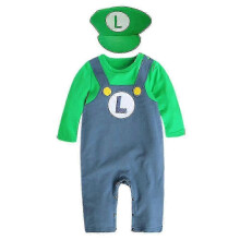 (Green,9-18M)Super Mario Bros Baby Cosplay Crawling Suit Romper Jumpsuit Mario Luigi Cosplay Costume Hat Set V