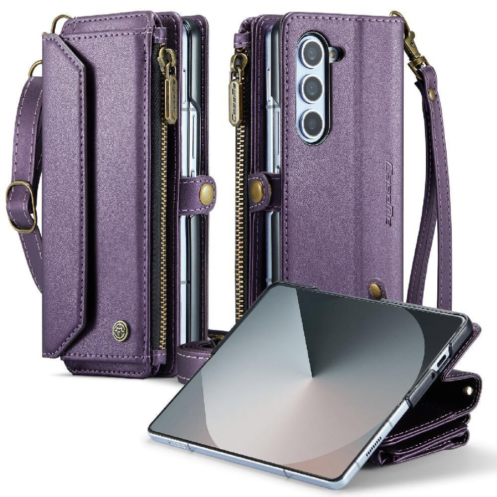 (Purple) Crossbody Flip Case Compatible With Samsung Galaxy Z Fold6 Case Wallet Card Holder Zipper Bills Slot Rfid Blocking Purple 764549322947