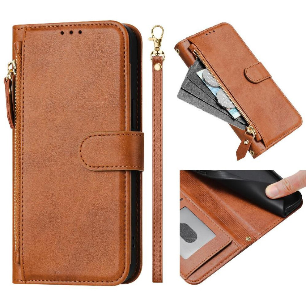 (Brown) Flip Case For Nokia C32 Zipper Card Holder Pu Leather Magnetic Brown 764549323302