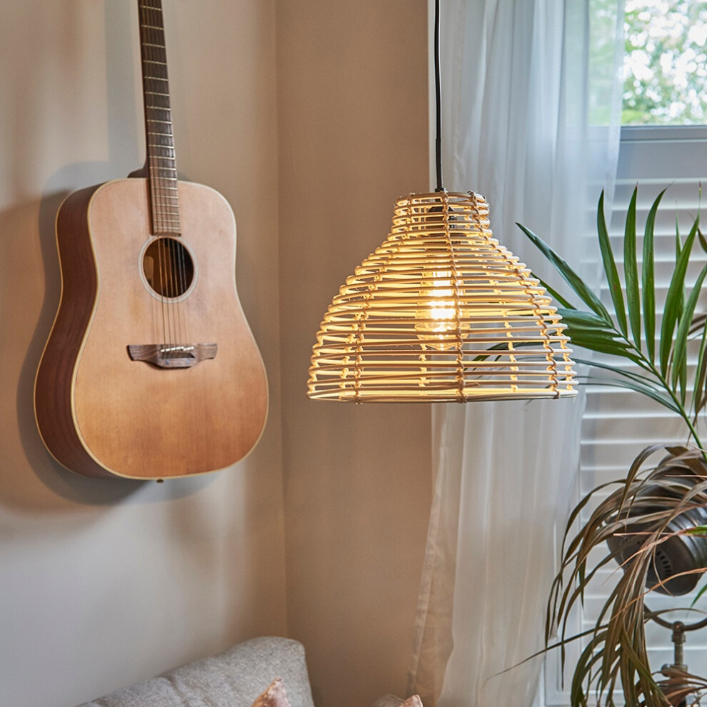 Pair of - Modern Cream Wicker Rattan Basket Style Ceiling Pendant Light Shades - Complete with 10w LED GLS Bulbs [3000K Warm White]