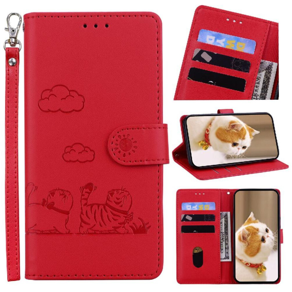 (Red) Flip Case Compatible With Samsung Galaxy A24 4G Cat Rfid Leather Wallet Card Slot Holder Kickstand Red 764549327577