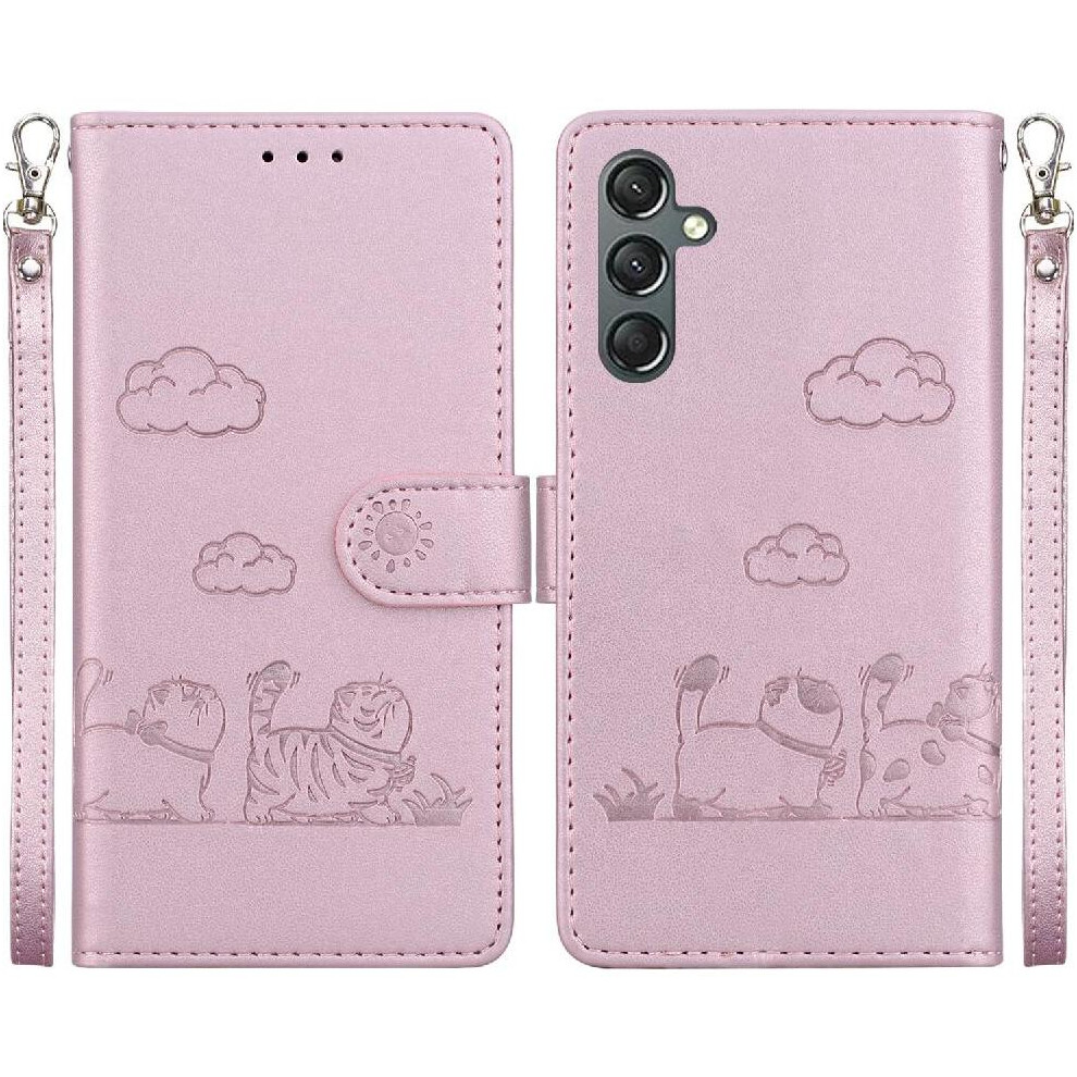 (Pink) Flip Case Compatible With Samsung Galaxy A16 Cat Rfid Card Slot Holder Kickstand Leather Wallet Pink 764549327607