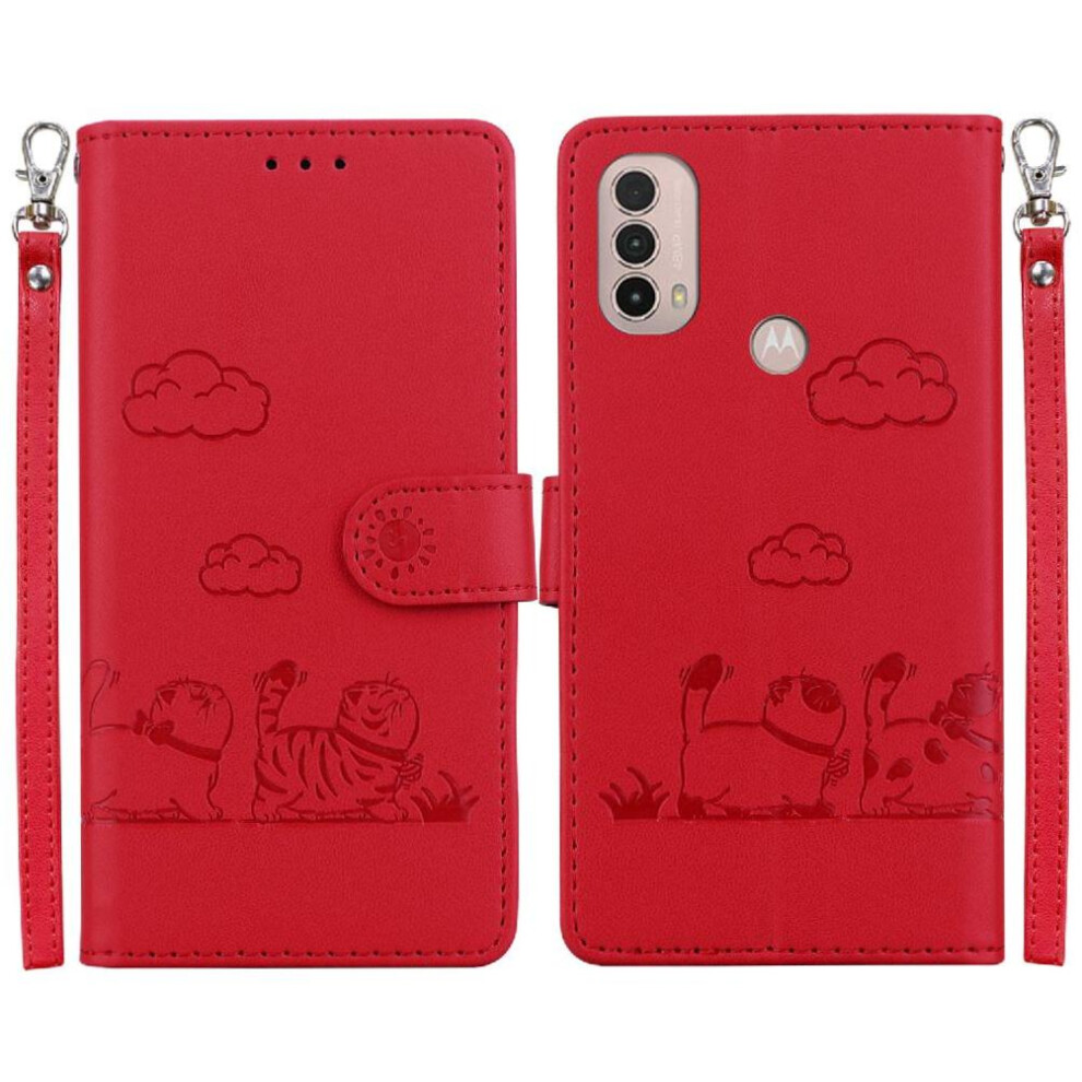 (Red) Flip Case For Motorola Moto E30 Cat Rfid Card Slot Holder Kickstand Leather Wallet Red 764549328017