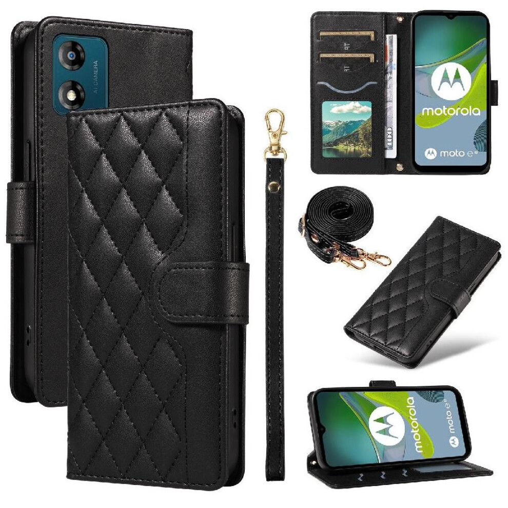 (Black) Flip Case For Motorola Moto E13 Detachable Wrist Strap And Long Lanyard Lattice Flip Folio Phone Case With Stand Wallet Card Slots Black 764549328383