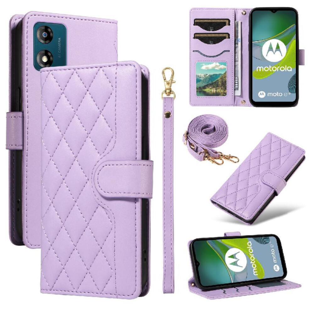 (Purple) Flip Case For Motorola Moto E13 Detachable Wrist Strap And Long Lanyard Lattice Flip Folio Phone Case With Stand Wallet Card Slots Purple 764549328390
