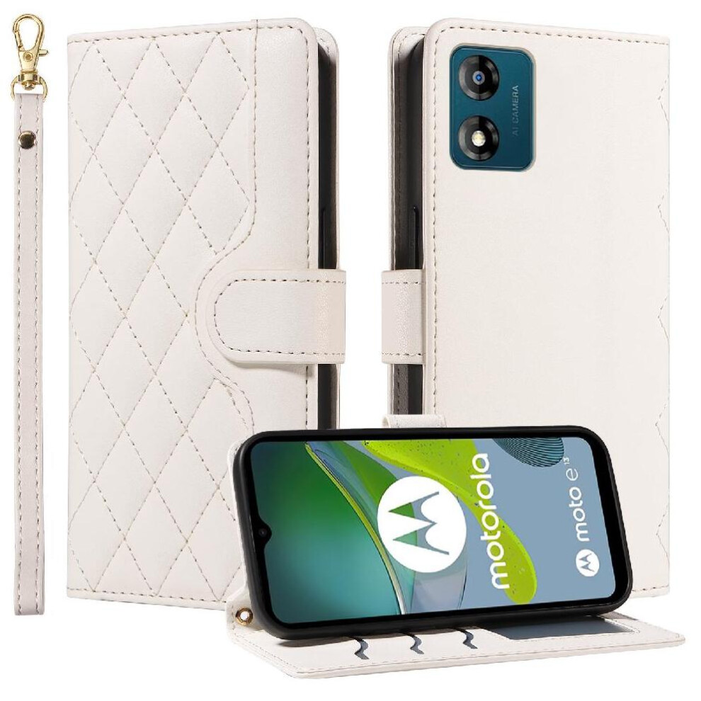 (White) Flip Case For Motorola Moto E13 Detachable Wrist Strap And Long Lanyard Lattice Flip Folio Phone Case With Stand Wallet Card Slots White 764549328444