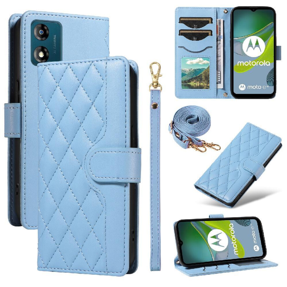 (Blue) Flip Case For Motorola Moto E13 Detachable Wrist Strap And Long Lanyard Lattice Flip Folio Phone Case With Stand Wallet Card Slots Blue 764549328420