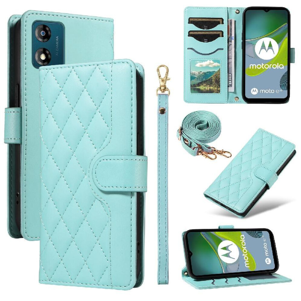 (Green) Flip Case For Motorola Moto E13 Detachable Wrist Strap And Long Lanyard Lattice Flip Folio Phone Case With Stand Wallet Card Slots Green 764549328437