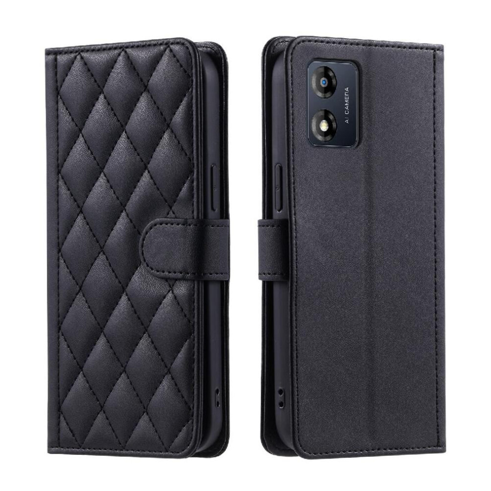 (Black) Phone Case For Motorola Moto E13 Lattice Hand Strap Card Slots Holder Magnetic Flip Folio Wallet Black 764549328710