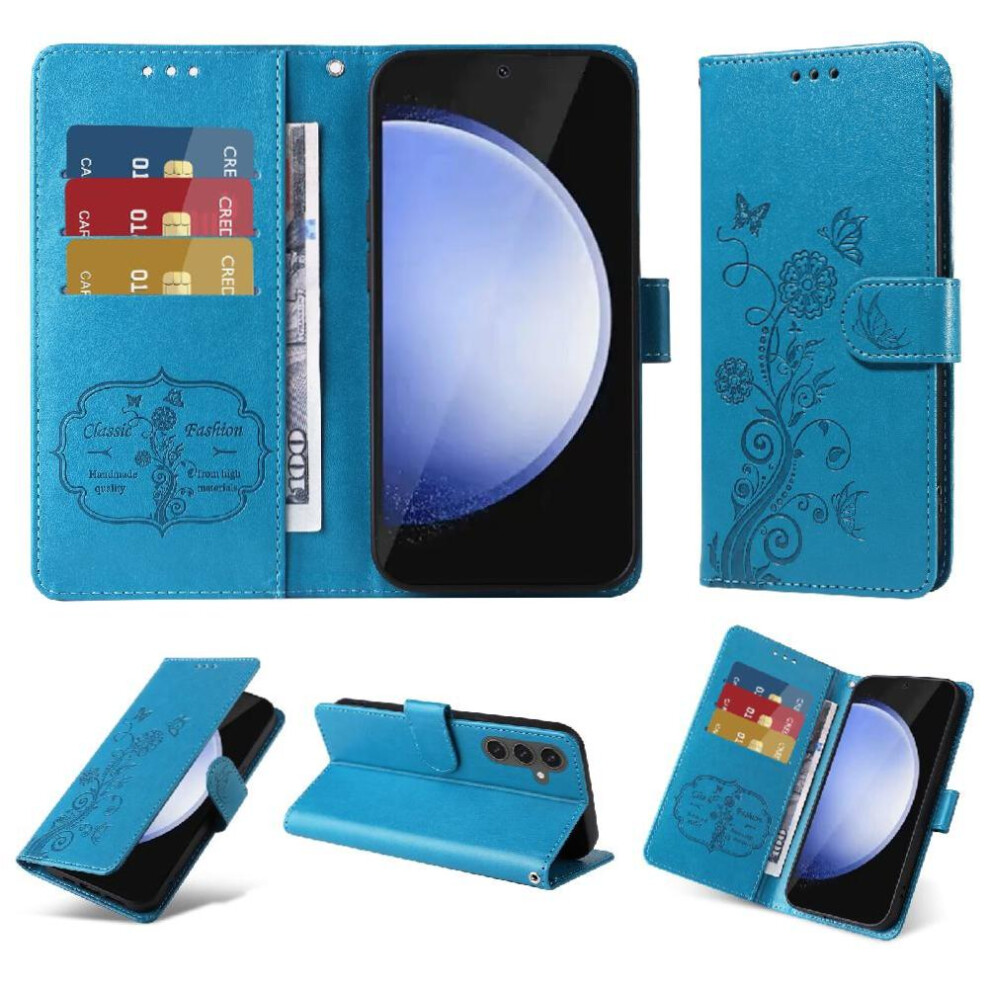 (Blue) Flip Case Compatible With Samsung Galaxy S24 Fe Flip Leather Flower Cardslots Blue 764549331444