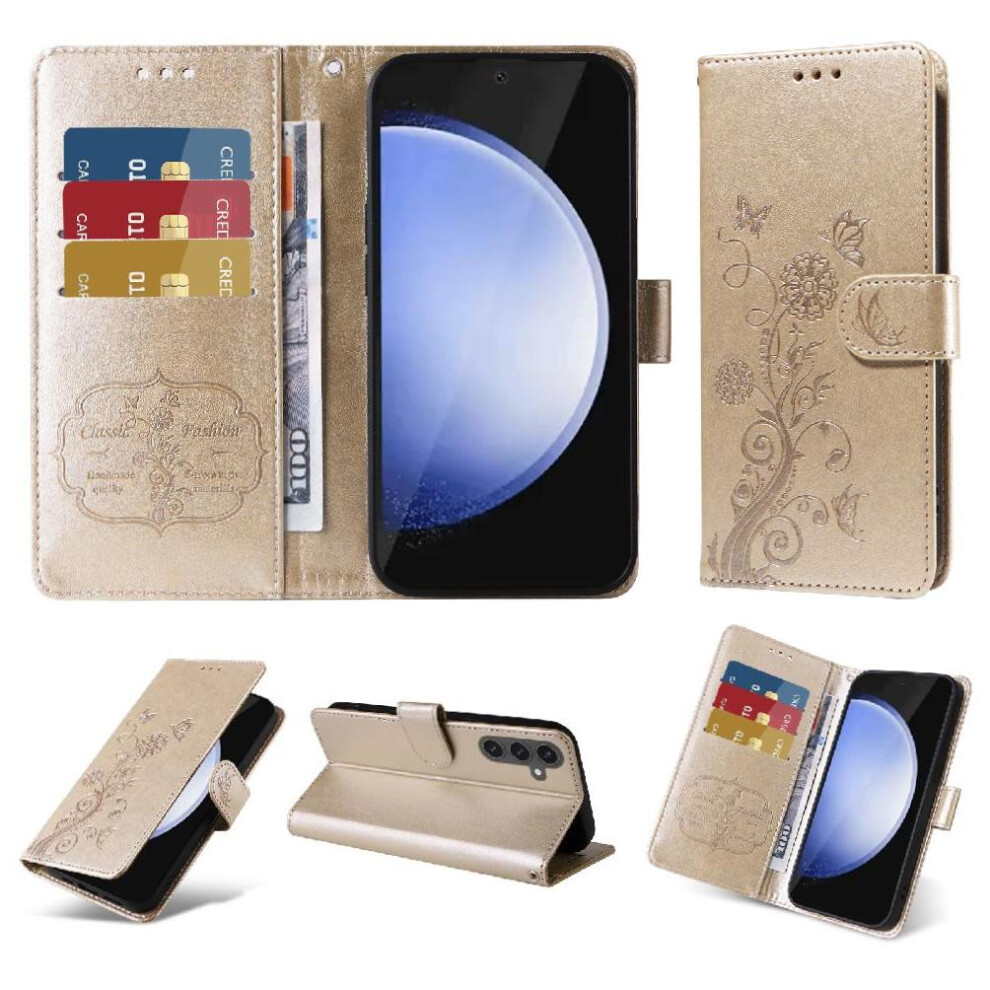 (Gold) Flip Case Compatible With Samsung Galaxy S24 Fe Flip Leather Flower Cardslots Gold 764549331451