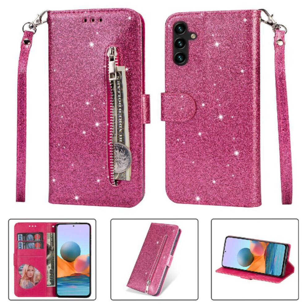 Photos - Case  Zipper Pocket  Compatible with Samsung Galaxy A24 4g Magnetic Closure Pu Leather Card Holder Glitter Wallet(rose red )