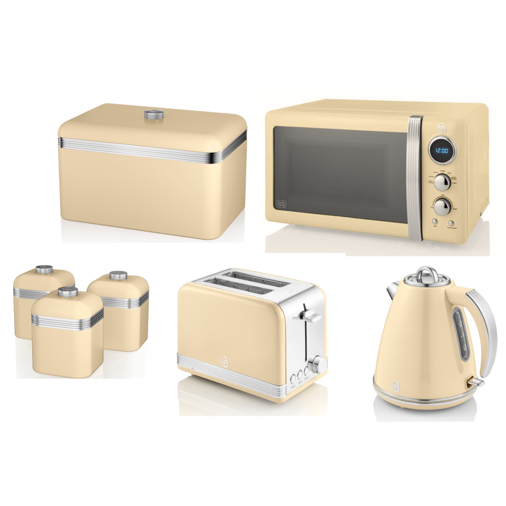 SWAN Retro Cream Kettle Toaster Microwave Bread Bin & Canisters Set