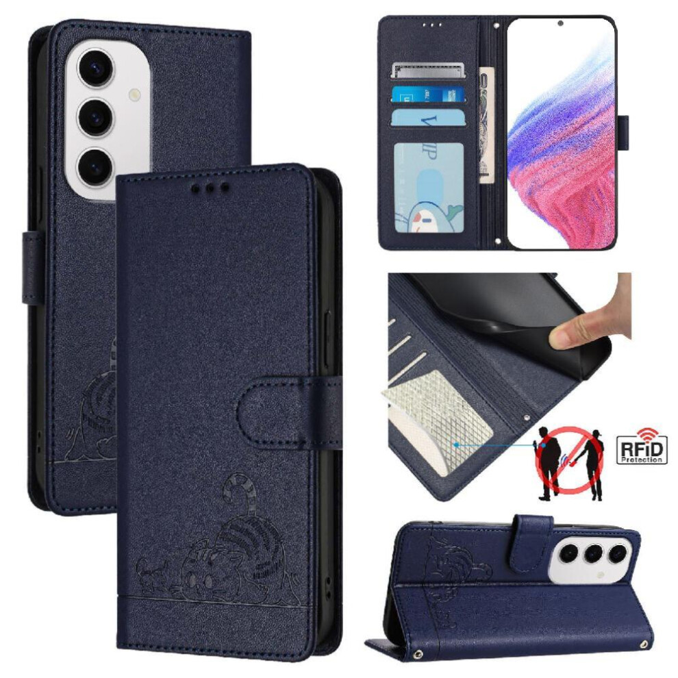 (Blue) Case Compatible With Samsung Galaxy S24 Fe Cat Rfid Card Slot Holder Kickstand Wallet Flip Cover Blue 764549332373