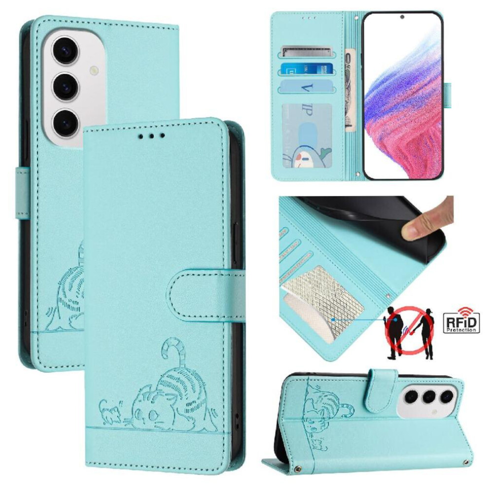 (Green) Case Compatible With Samsung Galaxy S24 Fe Cat Rfid Card Slot Holder Kickstand Wallet Flip Cover Green 764549332342