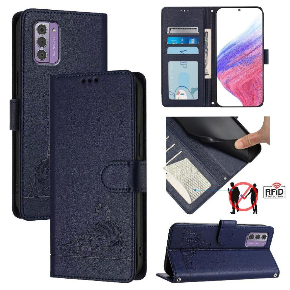 (Blue) Case For Nokia G42 Card Slot Holder Kickstand Wallet Flip Cover Cat Rfid Blue 764549332595