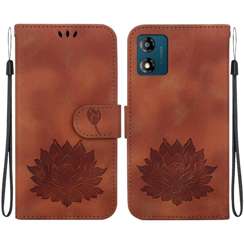 (Brown) Flip Case For Motorola Moto E13 Magnetic Kickstand Relief Lotus Flower Kickstand Wallet Brown 764549333189