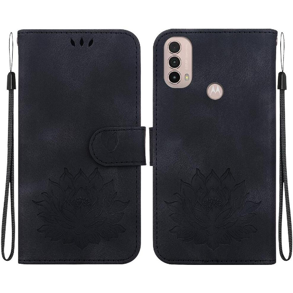 (Black) Flip Case For Motorola Moto E30 /E40/E20 Relief Lotus Flower Kickstand Magnetic Wallet Kickstand Black 764549333295