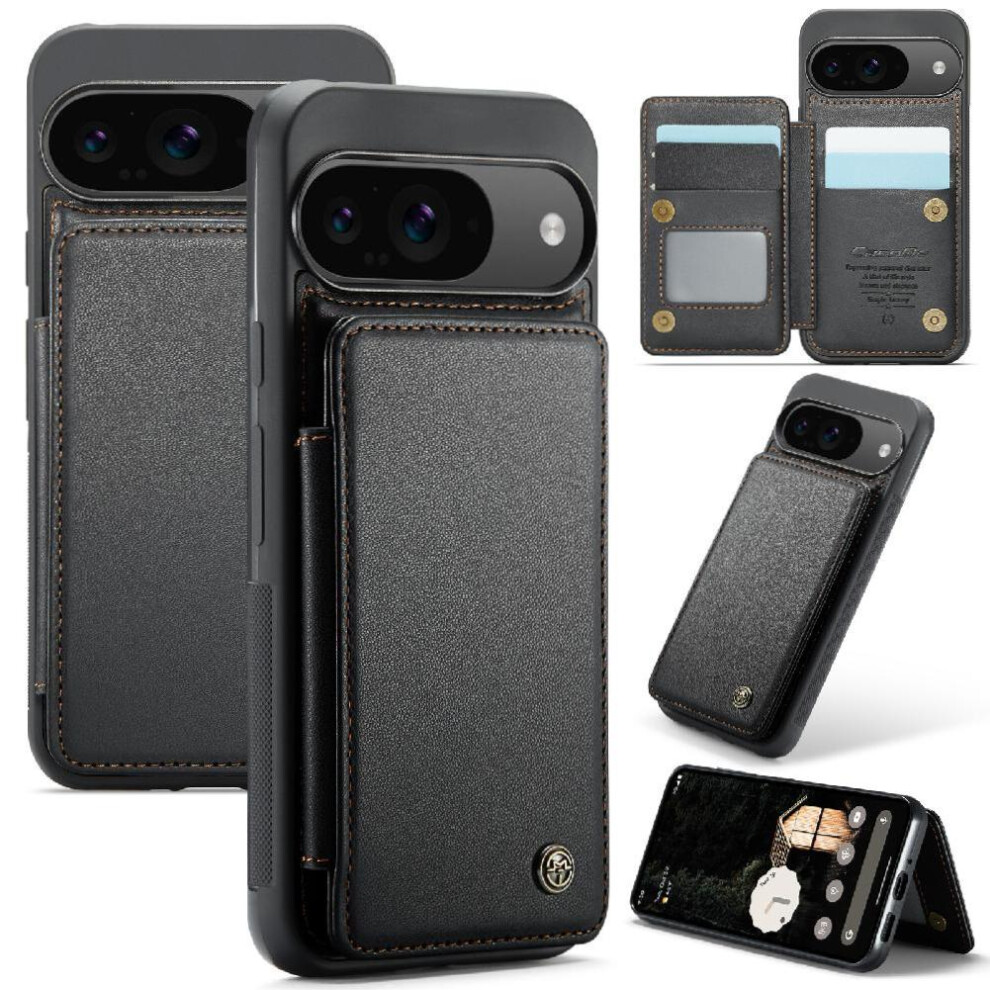 (Black) Flip Case For Google Pixel 9 Slim Shockproof Case Kickstand Rfid Blocking Card Holder Pu Leather Black 764549333554