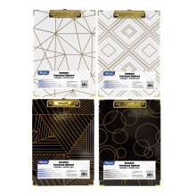 BAZIC Papp-Klemmbrett, Standardgre, geometrisch, goldfarben, Low-Profile-Clip, zufllige Farbe, robust und stark, Hartfaserplatte, passend fr A4-L