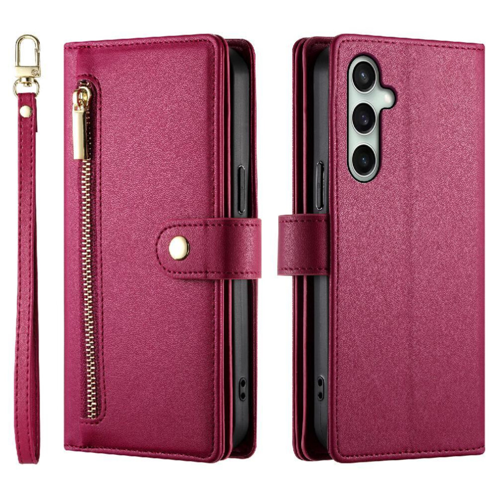 (Red) Flip Case Compatible With Samsung Galaxy S24 Fe Wrist Strap Multifunctional Card Slots Kickstand Wallet Compartment Red 764549334803