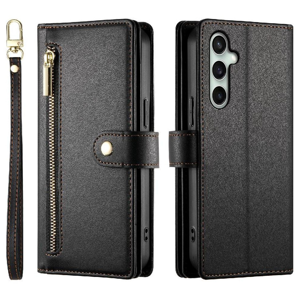 (Black) Flip Case Compatible With Samsung Galaxy S24 Fe Wrist Strap Multifunctional Card Slots Kickstand Wallet Compartment Black 764549334841