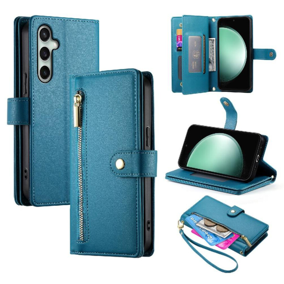 (Blue) Flip Case Compatible With Samsung Galaxy S24 Fe Wrist Strap Multifunctional Card Slots Kickstand Wallet Compartment Blue 764549334858