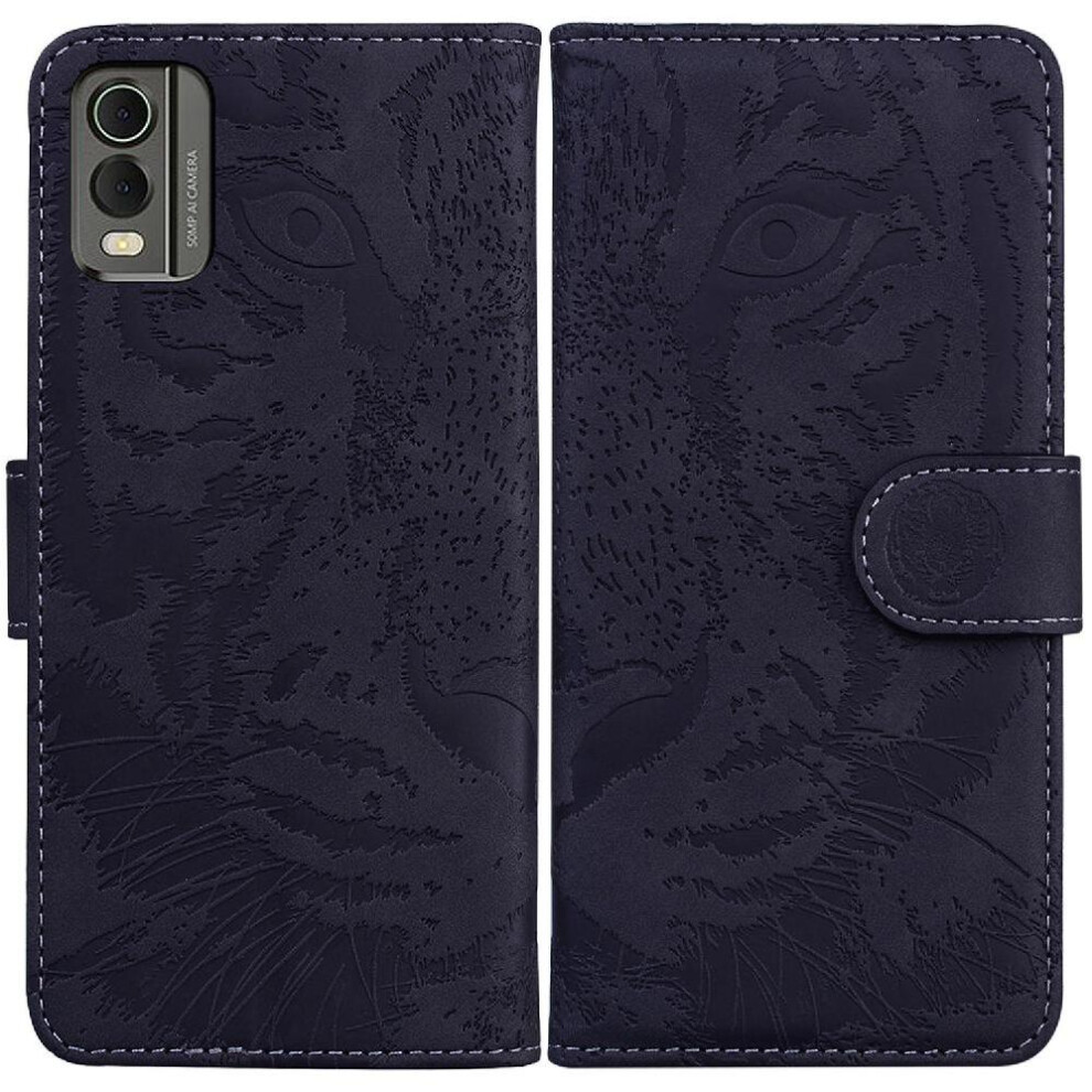 (Black) Flip Case For Nokia C32 Kickstand Protective Leather Wallet Embossed Cute Tiger Black 764549335770