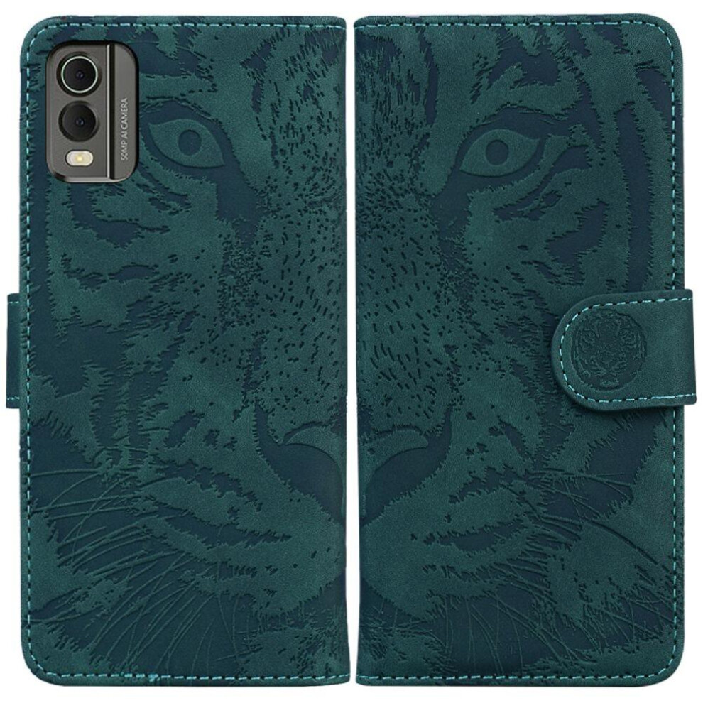 (Green) Flip Case For Nokia C32 Kickstand Protective Leather Wallet Embossed Cute Tiger Green 764549335794