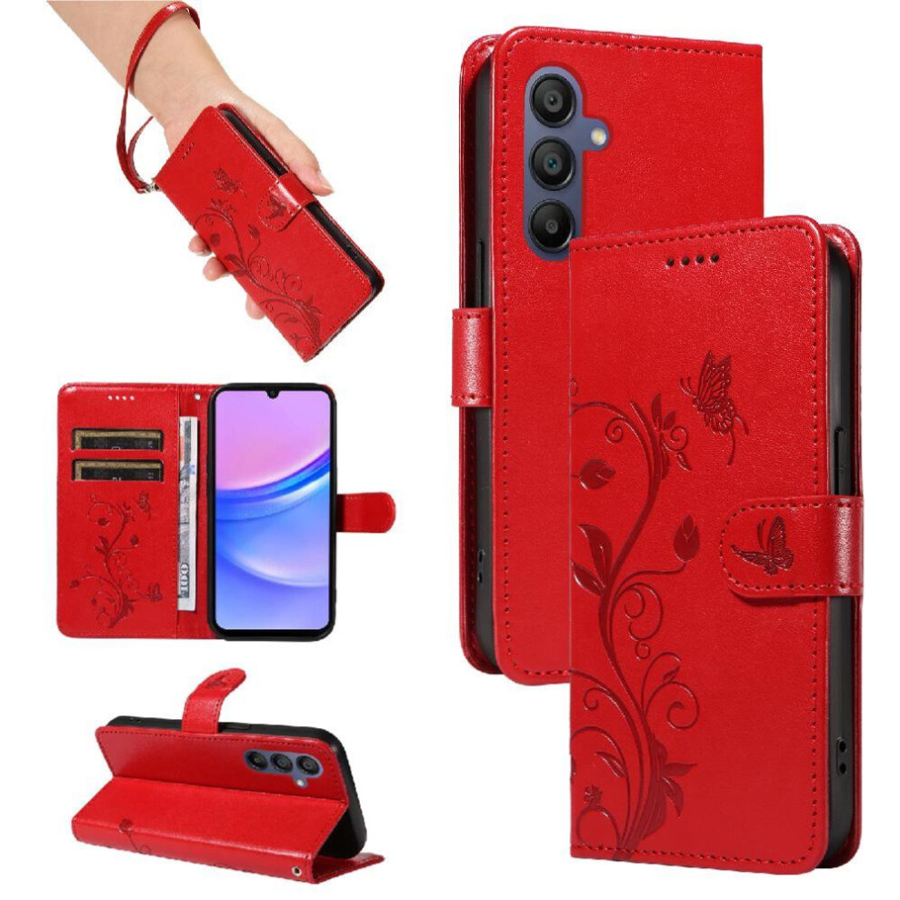 Photos - Case   Compatible with Samsung Galaxy A16 and Card Slot High Quality Leather Wallet Phone  with Hand Strap Embossed(Red)