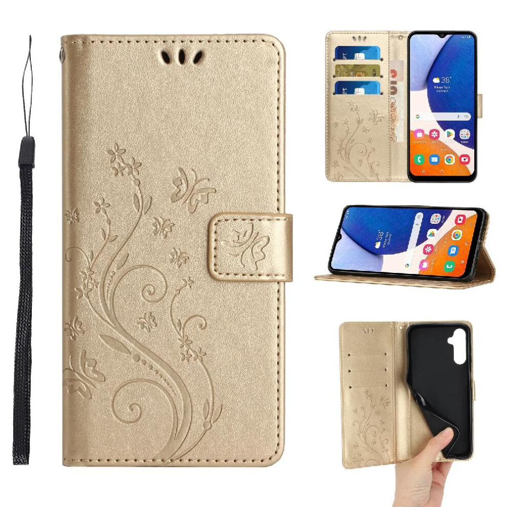 (Gold) Flip Case Compatible With Samsung Galaxy S24 Fe Wrist Strap Pu Leather Kickstand Card Holder Magnetic Closure Gold 764549345182