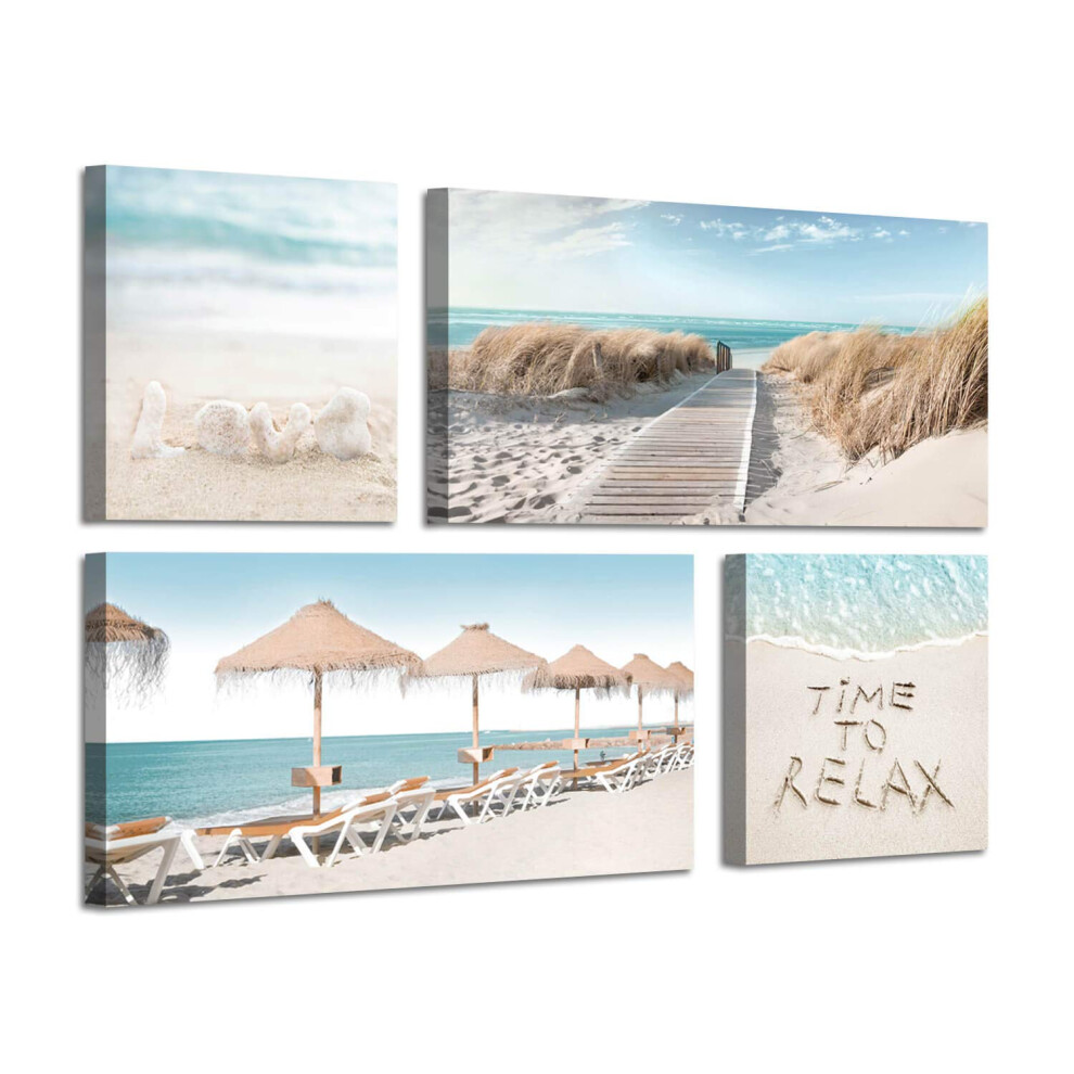 ARTISTIC PATH Beach Theme Canvas Artwork Prints: Sandybeach Pathway & Beach Chairs and Umbrella Wall Art for Living Room (Overall 36 W x 2