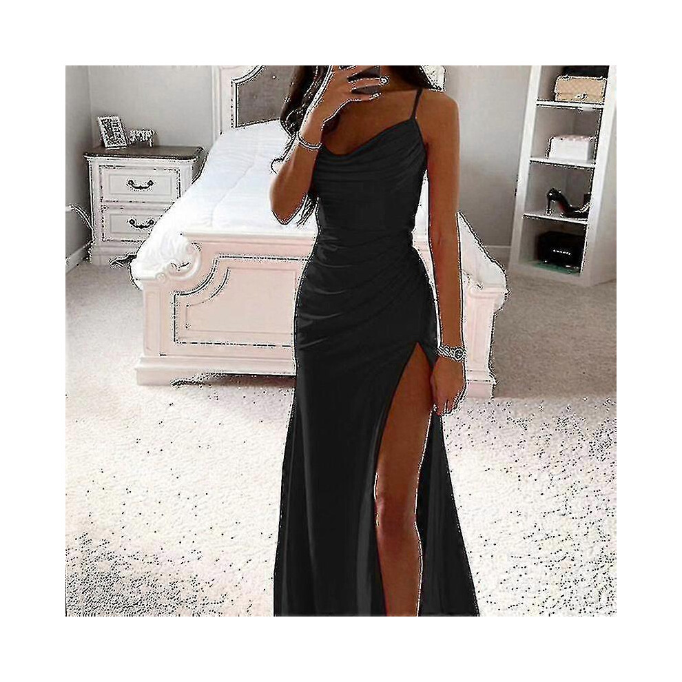 (L,Black)Women Long Maxi Dresses Cowl Neck Evening Gown Sleeveless Satin Slip Dress Party Casual-image