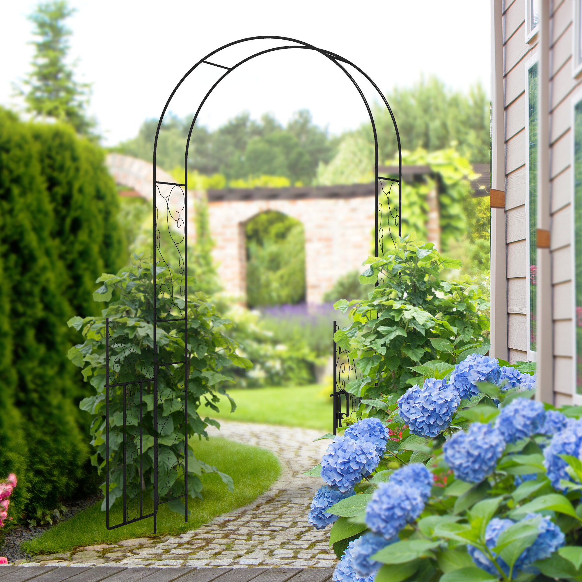 Outsunny Metal Garden Arch with Double Gate, Garden Arbor Climbing ...