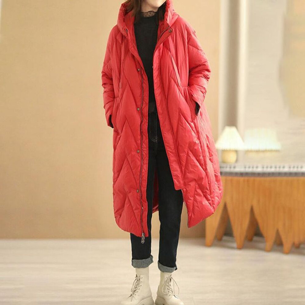 (red, M) Women Loose Long Coat White Duck Down Jacket Winter Overcoat Hooded Puffer Parkas
