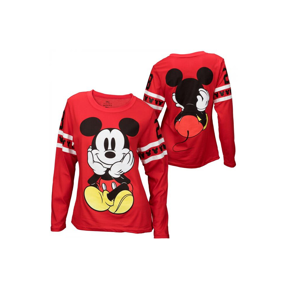Mickey Mouse 874866-medium Mickey Mouse Athletic Stripes Juniors Front & Back Long Sleeve Shirt, Red & White - Medium