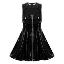 (L,Type A Black)Sexy Womens Dress Clubwear Wetlook Latex Bodycon Costume Glossy V Neck Zipper Wet Look Patent Leather Sleeveless Flared Dresses