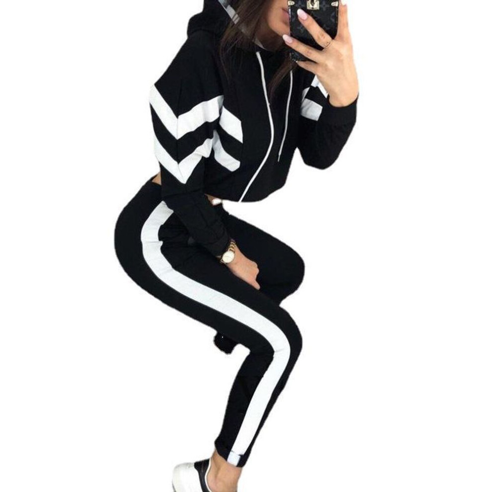 (black, S) Women&apos;s Fashion 2 Piece Set Tracksuit Sleeve Patchwork Hoodie Top Pants Jogging Suits Sportswear Trousers