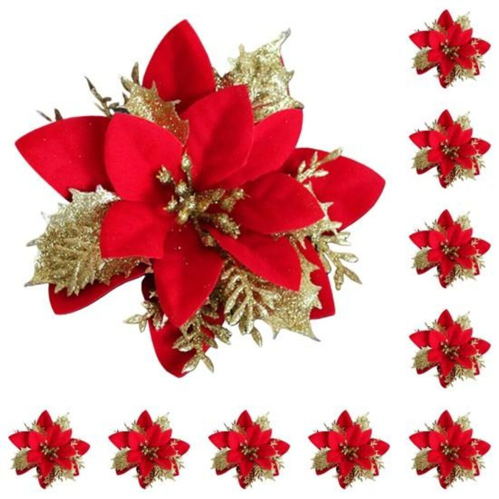 (red,golden) 10pcs/set Christmas Artificial Golden 3 Flower Glitter Leaves Red Silver-color Layers Xmas Tree Wreath Decoration