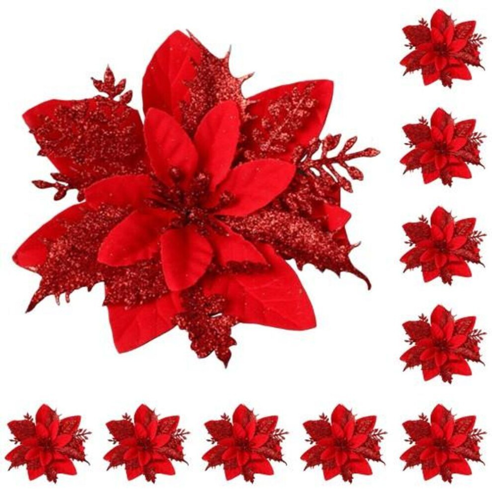 (red) 10Pcs/Set Christmas Artificial Golden 3 Flower Glitter Leaves Red Silver-color Layers Xmas Tree Wreath Decoration