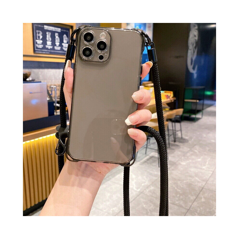 Coque Etui Antichoc Pour iPhone 15 14 13 12 Pro Max 11 Cordon Transparent Case-Noir-Pour iPhone 15 Plus