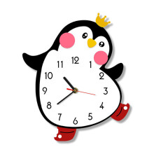 Cute Penguin Wall Clock Silent Movement - Colorful Acrylic Illustration for Nursery, Kids Room or Bedroom (23x28 cm)