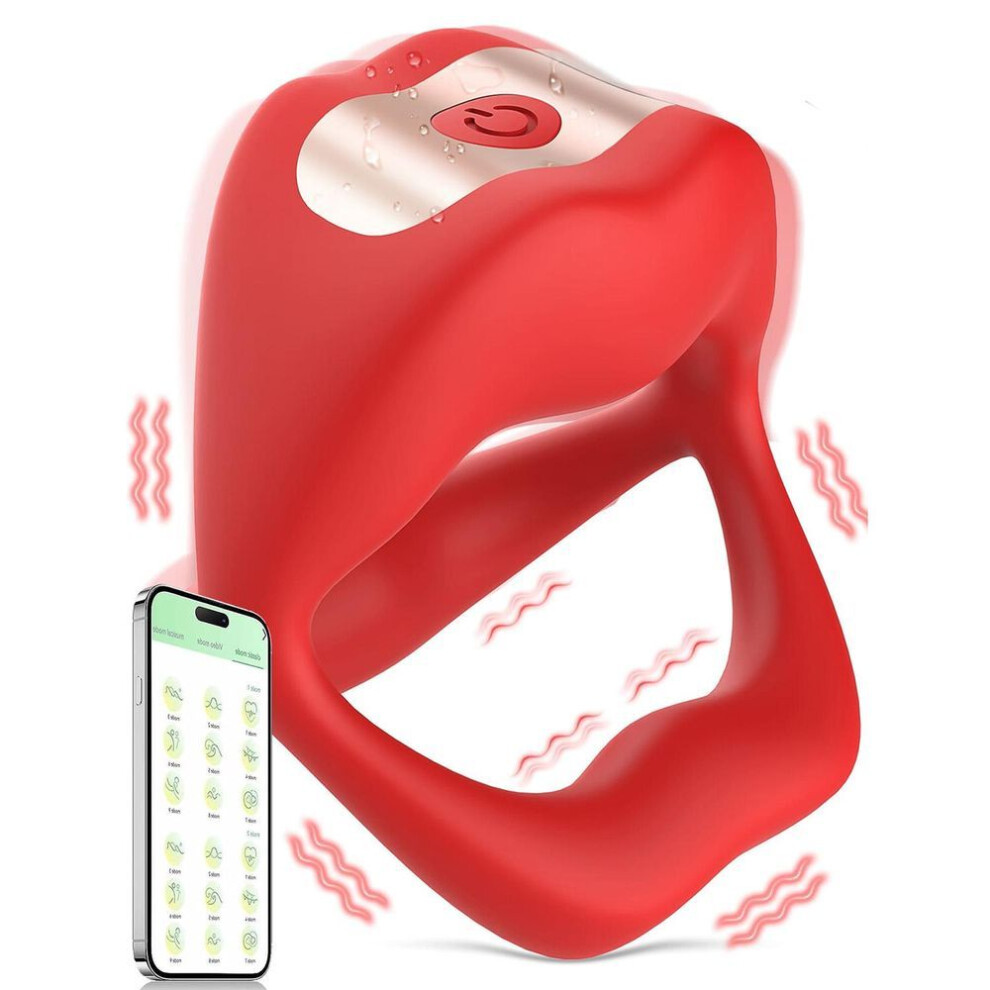 (red) App Remote Vibrator Cock Ring Penis Lip Shaped Silicone Cock Ring For Men Ejaculation Erection Sex Toys For Men Couple Ring Rings