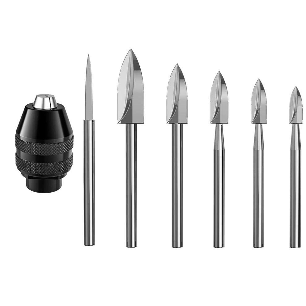 7Pc Wood Carving Tools,1/8Inch Shank HSS Engraving Drill Tool Crafts Accessories with 4486 Chuck for