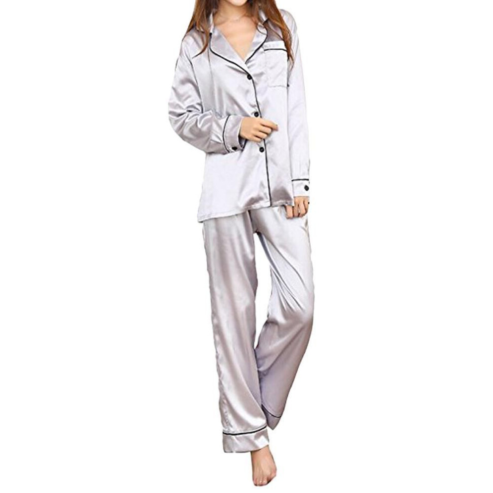 (M, silver) Women&apos;s Silk Satin Pajamas Lapel Cardigan  Pajamas Top Elastic Waist Trousers Comfortable Pajamas Set Pajamas Homewear Two Piece Suit