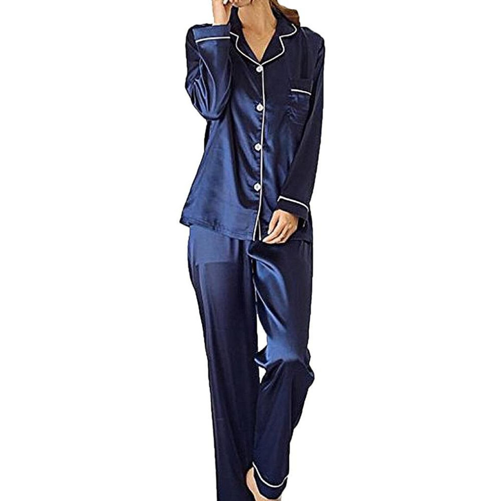 (L, blue) Women&apos;s Silk Satin Pajamas Lapel Cardigan  Pajamas Top Elastic Waist Trousers Comfortable Pajamas Set Pajamas Homewear Two Piece Suit