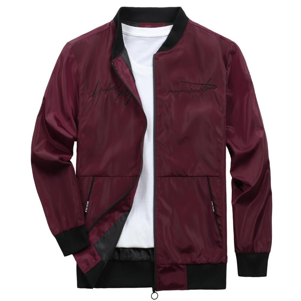 (wine red, 3XL) Mens Jacket Hiking Camping Windproof Outerwear Spring Autumn Zipper Letter Embroidery Sportwear Bomber Casual Coats Streetwear Yasheng